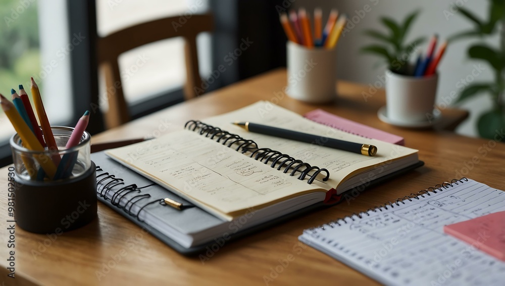 Neat desk with planner and stationery, ready for a productive day. Neat desk with planner and stationery, ready for a productive day.
