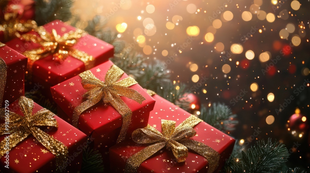 Christmas xmas or celebration holiday festive greeting card - Closeup of many different red presents gift boxes with gold ribbon, background with bokeh lights and christmas tree (Generative Ai) Christmas xmas or celebration holiday festive greeting card - Closeup of many different red presents gift boxes with gold ribbon, background with bokeh lights and christmas tree (Generative Ai)