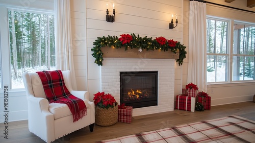 A white brick fireplace adorned with Christmas garlands and presents creates a cozy atmosphere in a modern farmhouse styled room filled with natural light photo