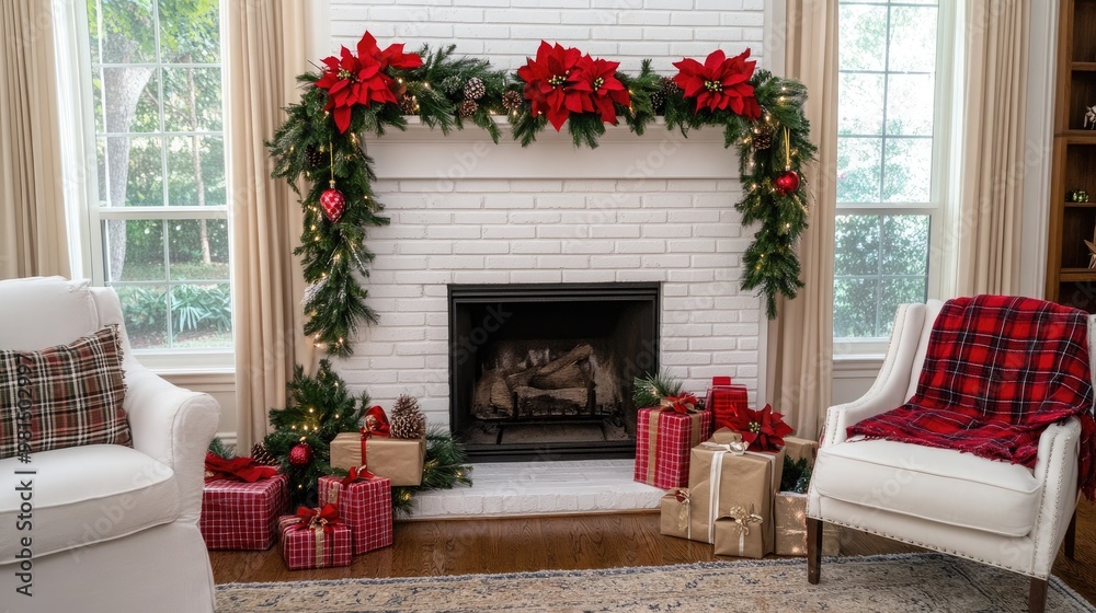 Fototapeta premium A white brick fireplace adorned with Christmas garlands and presents creates a cozy atmosphere in a modern farmhouse styled room filled with natural light