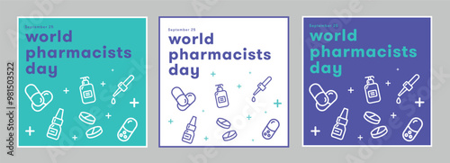 World Pharmacist Day greeting card with medical icon vector design template set. Hospital, Care, Health color. September 25

