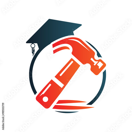 Education and Construction Logo Design with Hammer and Graduation Cap