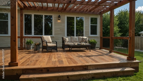 Newly constructed deck with fresh staining and modern furniture under a pergola.