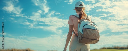 A cheerful woman in golf attire walks across a scenic course on a sunny day with a backpack photo