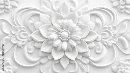 Beautiful white surface with 3D embossed ormamental flower. 3D Diwali festival white background with traditional flower. photo