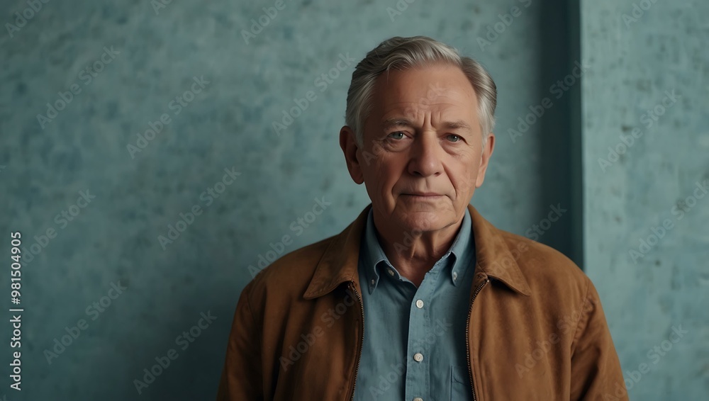 Older man in a cozy brown jacket reflecting peacefully by a light blue wall. Older man in a cozy brown jacket reflecting peacefully by a light blue wall.