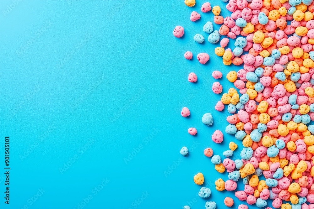 Vibrant abstract background featuring rainbow sprinkles scattered over a smooth blue surface Vibrant abstract background featuring rainbow sprinkles scattered over a smooth blue surface