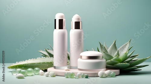 On a pastel backdrop are two white cosmetic tubes, a little glass marble display, fresh aloe vera leaves, and a dome-shaped pedestal. promotion for cosmetics in a stylish and imaginative setting. 