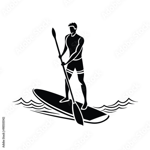 a  Paddle board beach man stand up on paddle board, vector silhouette, isolated white background
