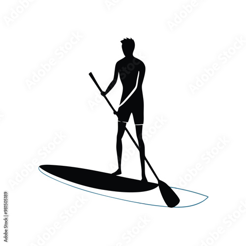 a  Paddle board beach man stand up on paddle board, vector silhouette, isolated white background