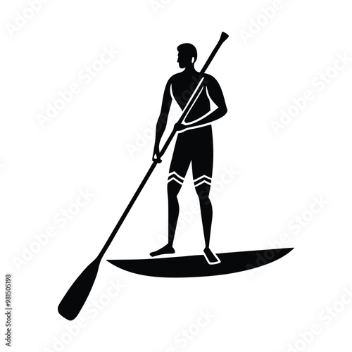 a  Paddle board beach man stand up on paddle board, vector silhouette, isolated white background
