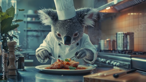 Culinary Koala: Photosurrealistic Chef Creating Gourmet Delights in Professional Kitchen photo