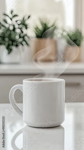 A steaming cup of coffee sits on a white countertop in a soft-lit kitchen, accompanied by a vase of dried flowers and a distant pot of hot tea, creating a cozy ambiance