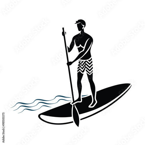 a  Paddle board beach man stand up on paddle board, vector silhouette, isolated white background