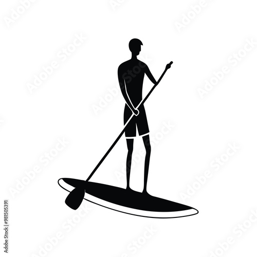 a  Paddle board beach man stand up on paddle board, vector silhouette, isolated white background