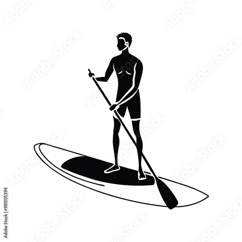 a  Paddle board beach man stand up on paddle board, vector silhouette, isolated white background