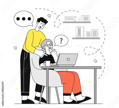 Elderly woman learns to use computer. Man helps grandmother with laptop. Education, learning and training. Old woman with modern technologies. Linear vector illustration