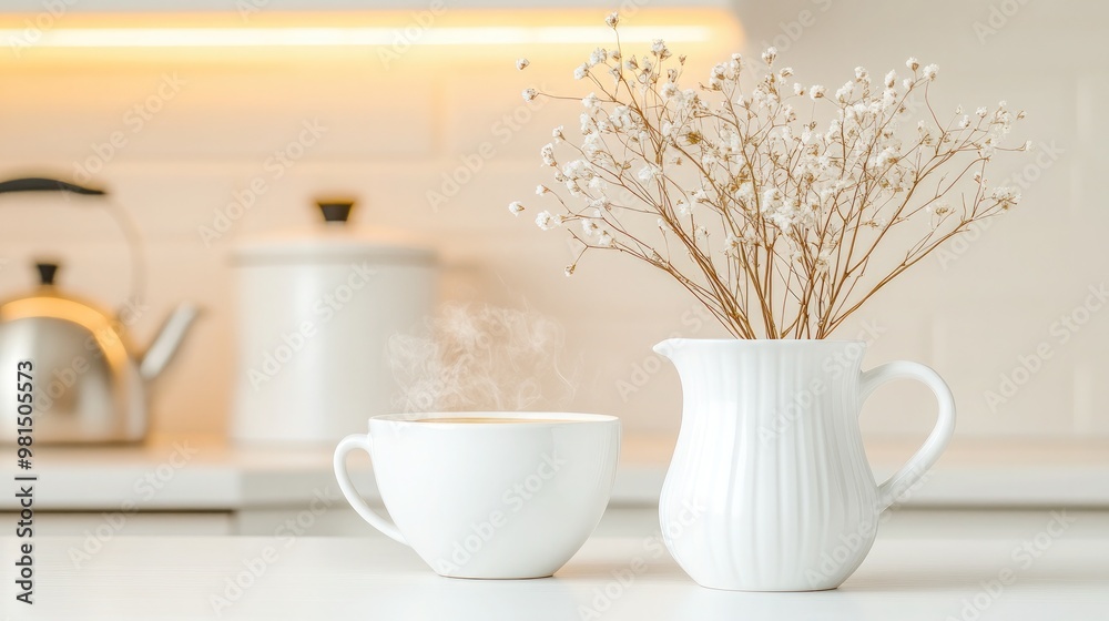 Obraz premium A steaming cup of coffee sits on a white countertop in a soft-lit kitchen, accompanied by a vase of dried flowers and a distant pot of hot tea, creating a cozy ambiance