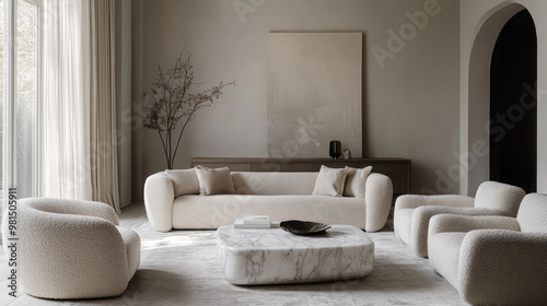 Minimalist living room with modern white sofa and marble coffee table. Elegant interior design with natural light and soft textures photo