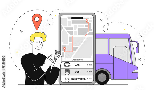 Man with online bus tickets. Young guy with smartphone buys pass on Internet. Urban infrastructure and transport system. Trip and travel. Linear vector illustration
