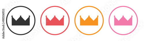 Crown icon set. Set of four vector black, red, yellow and pink silhouettes of crowns isolated on a white background. Social media information crown king vector elements isolated collection. 