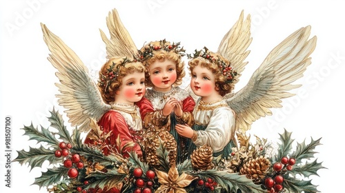Vintage Christmas angels with Kids, Ephemera, Victorian Christmas cards, Junk journal, Retro Christmas Card, Antique collage, Christmas Illustrations of 19th century transparent background