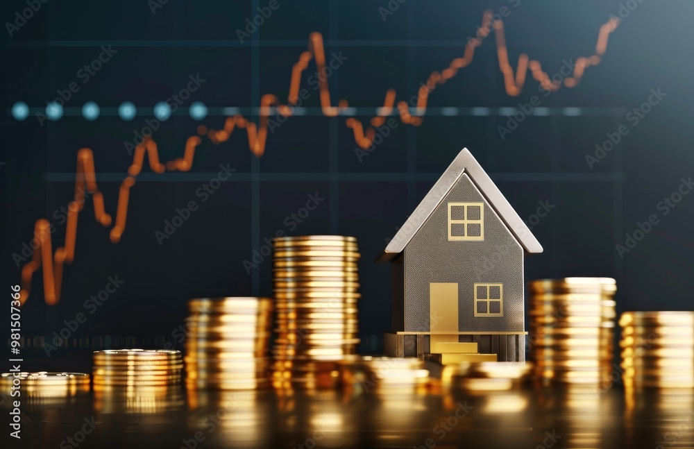A photo of coins and a house in front of a finance chart, symbolizing real estate value growth with an upward-trending graph in the background. background for real estate related posts. A photo of coins and a house in front of a finance chart, symbolizing real estate value growth with an upward-trending graph in the background. background for real estate related posts.
