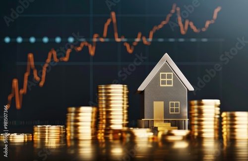 A photo of coins and a house in front of a finance chart, symbolizing real estate value growth with an upward-trending graph in the background. background for real estate related posts.