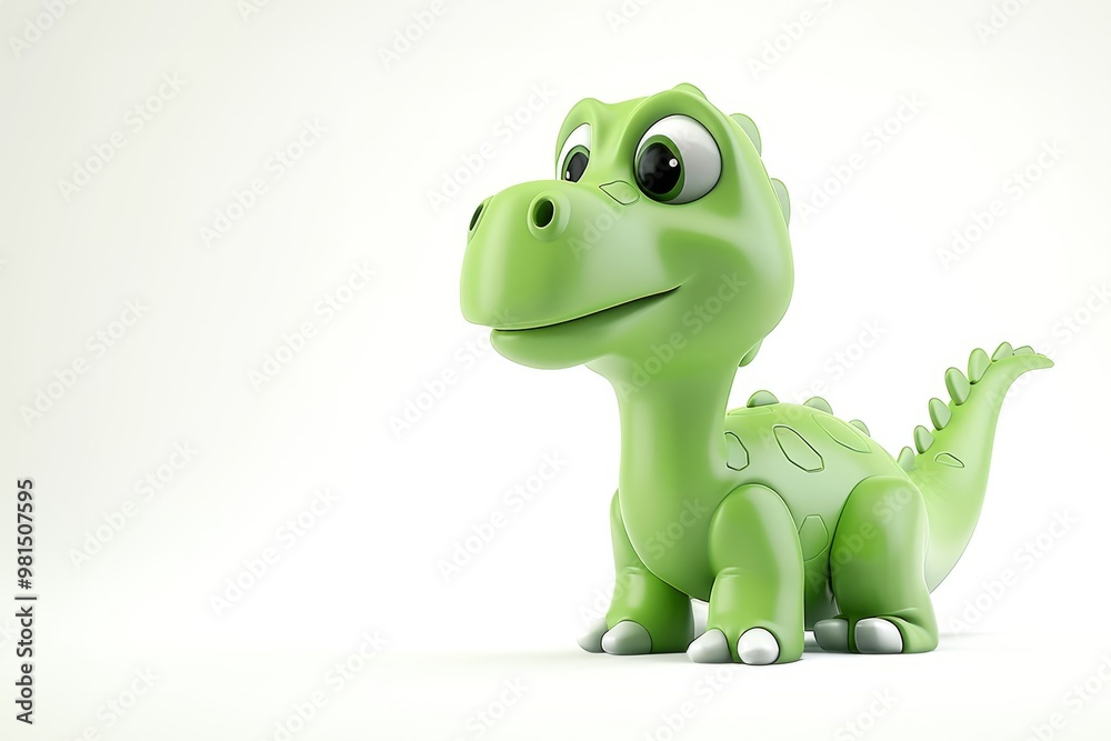 Fototapeta premium Green cartoon dinosaur toy on white background with a smooth texture and smiling face. 3D dinosaur illustration.