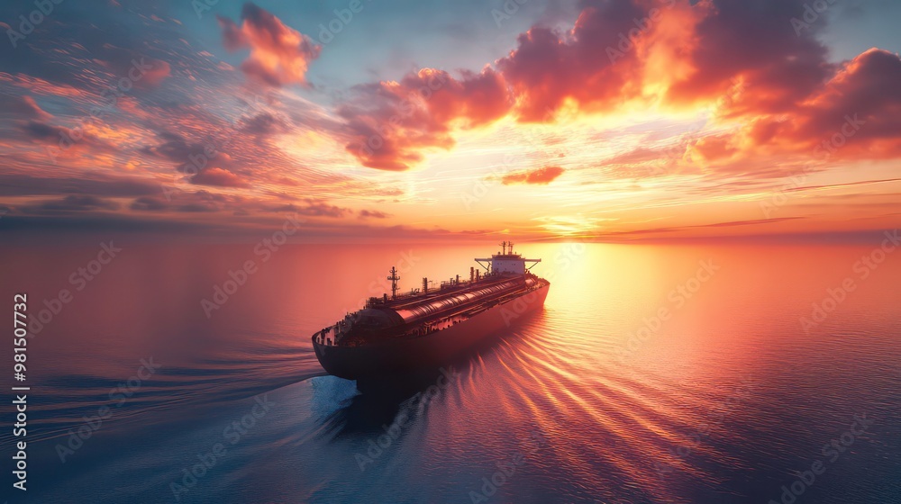 Fototapeta premium Cargo ship sailing on the ocean at sunset, with golden sky and clouds.