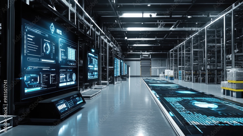 A sleek, futuristic warehouse featuring digital dashboards and automated sorting systems, highlighting the integration of technology and efficiency in modern logistics. A sleek, futuristic warehouse featuring digital dashboards and automated sorting systems, highlighting the integration of technology and efficiency in modern logistics.