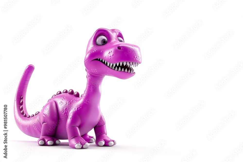 Fototapeta premium Purple cartoon dinosaur toy on white background with smooth textures and a friendly expression. 3D dinosaur illustration.