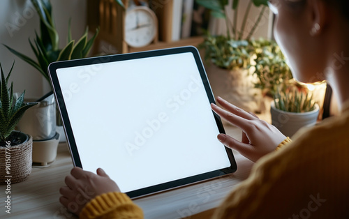 person using blank white screen digital tablet, mock up template design