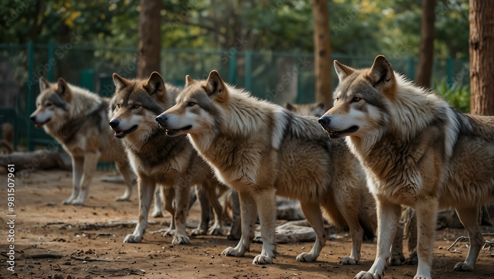 Pack of wolves in a zoo enclosure. Pack of wolves in a zoo enclosure.