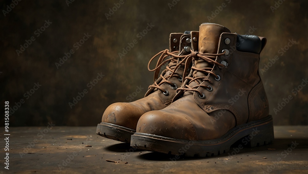 Pair of worn-out work boots on a rustic metal background for Labor Day. Pair of worn-out work boots on a rustic metal background for Labor Day.