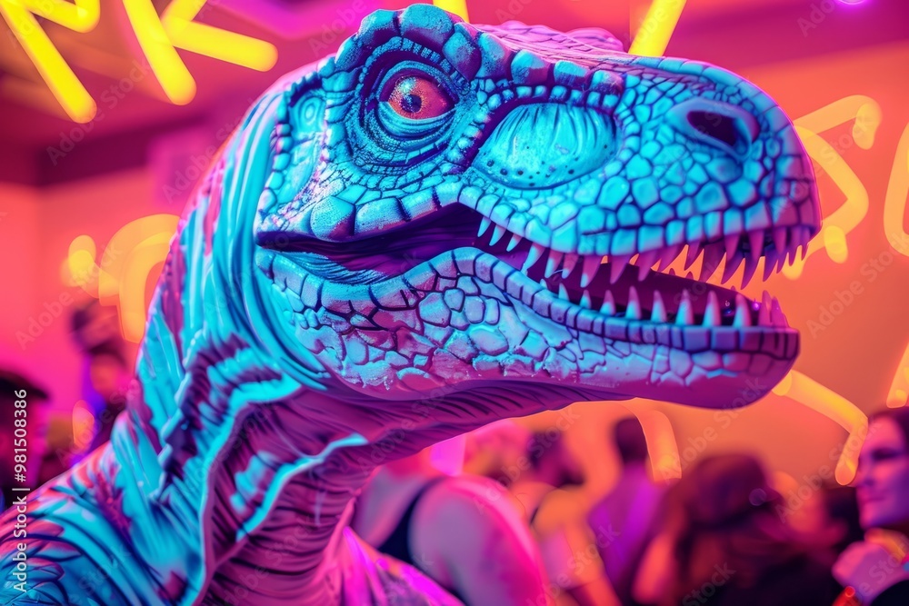 Dinosaur at the nightclub. Dinosaur head at the party. Blue and pink neon-lit dinosaur figure at a party with a vibrant background. Dinosaur at the nightclub. Dinosaur head at the party. Blue and pink neon-lit dinosaur figure at a party with a vibrant background.