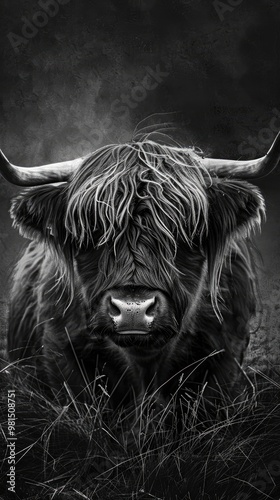Black and white Highland cow portrait photo phone wallpaper.