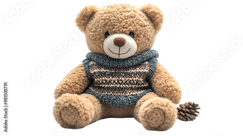 a teddy bear wearing a sweater and a pine cone. 