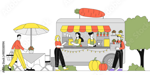 People near vegetarian cafe. Men and women buy flowers and natural and organic products. Fresh eating with vitamins. Proper diet and nutrition. Catering service. Linear vector illustration