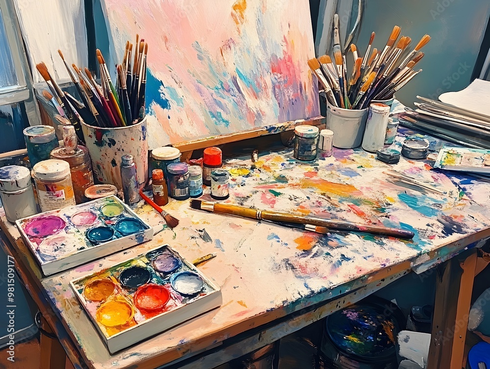 Vibrant Workspace with Painting Supplies and Partially Completed Canvas Reflecting the Therapeutic Process of Creative Expression Vibrant Workspace with Painting Supplies and Partially Completed Canvas Reflecting the Therapeutic Process of Creative Expression