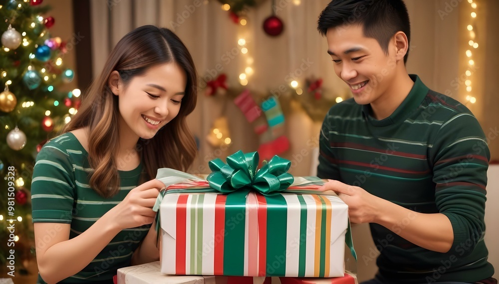Two people packing gifts together, surrounded by colorful wrapping paper, ribbons, and festive decorations, creating a cheerful and collaborative atmosphere Two people packing gifts together, surrounded by colorful wrapping paper, ribbons, and festive decorations, creating a cheerful and collaborative atmosphere