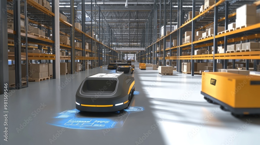 Fototapeta premium An advanced distribution center with AGV robots handling goods and packages, accompanied by infographics demonstrating the efficiency and innovation of automated retail warehouse technology.