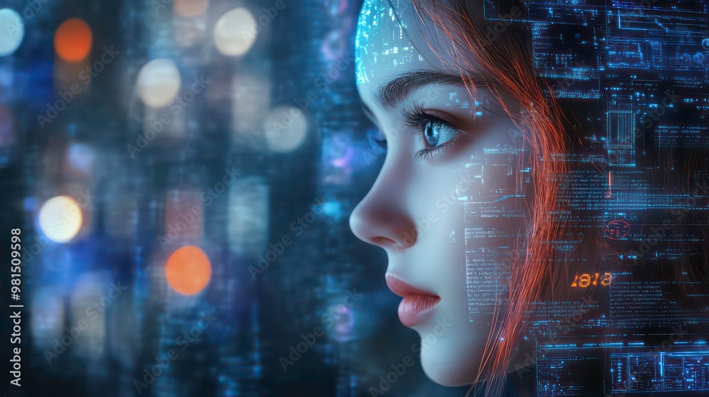 Closeup portrait of a woman with a futuristic digital interface overlay on her face. Closeup portrait of a woman with a futuristic digital interface overlay on her face.