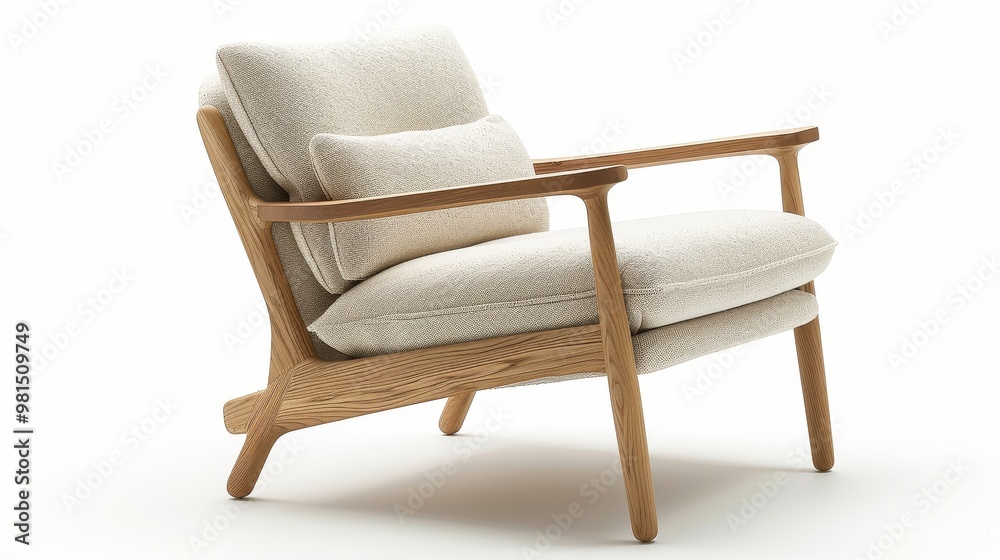 Scandinavian-style lounge chair with a light wooden frame and soft beige cushions Scandinavian-style lounge chair with a light wooden frame and soft beige cushions