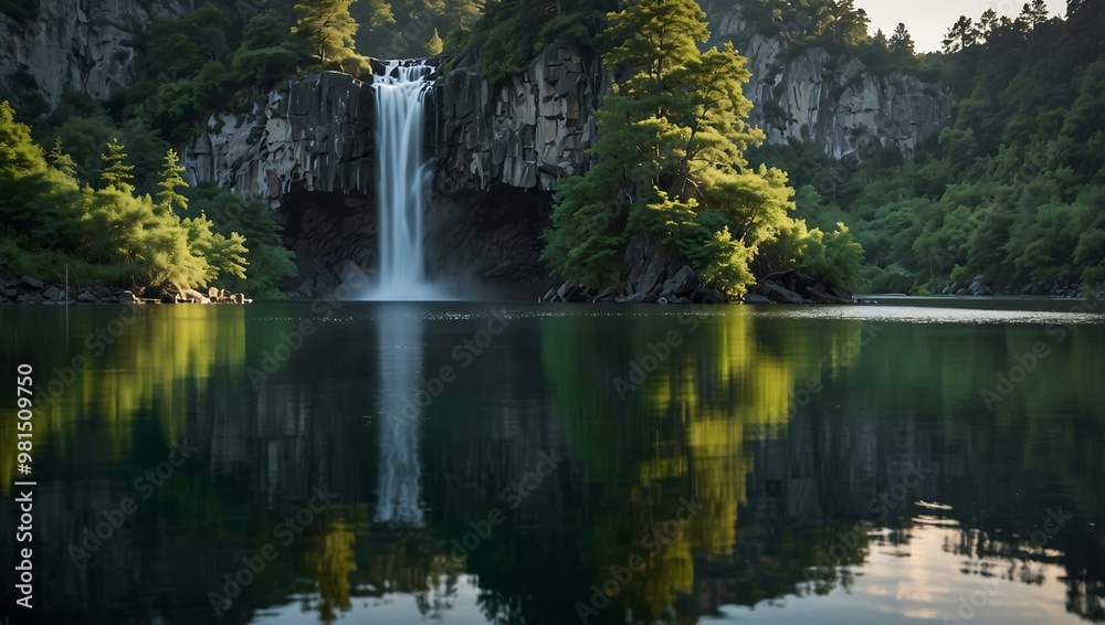 Peaceful lake reflection with a solitary figure and waterfall.