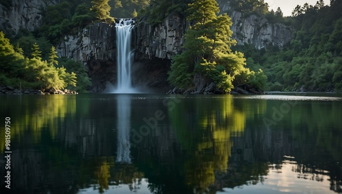 Peaceful lake reflection with a solitary figure and waterfall.