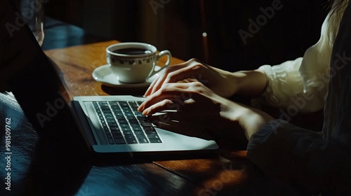 A woman's hands typing on a laptop with a cup of coffee on a wooden table.