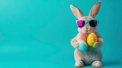 Cute bunny wearing sunglasses holding Easter eggs.