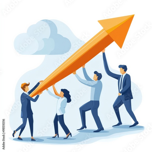 Teamwork Pushing Upwards: A powerful illustration symbolizing the collective effort of a business team driving towards success, represented by a large upward arrow. The image captures the spirit of co