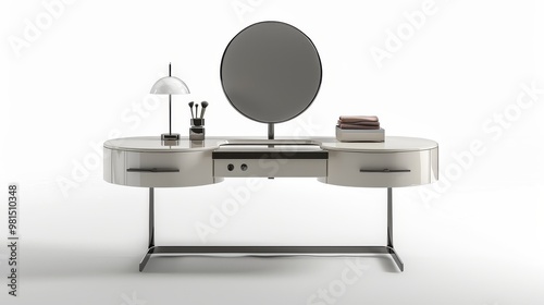 modern vanity table with a round mirror and two small drawers photo